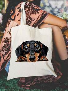 1pc Spacious Canvas Handbag With Cute Sausage Dog, Cute Puppy Print - Reusable Grocery Bag, Durable Shoulder Strap, Perfect For Shopping And Gifts, Women's Large Capacity Beach Shoulder Bag, Perfect Gift For Grocery Store Shopping And Daily Use, Suitable For Travel, School And Daily Commuting, The Best Gift For Dog Lovers