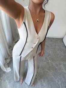 LilyHouse Women's Summer 2-Piece Set, Contrast Striped Elegant Casual Front Button Cardigan Vest Top And Brown Striped Pants, Suitable For Office, Daily, Business Commute/Valentine's Day Outfit