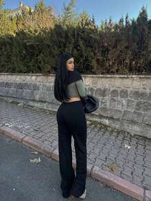 High Waisted Drawstring Wide Leg Sweatpants | Heather Grey Loose Lounge Trousers - Black - View 2