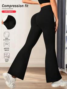 Calça Flare Preta Feminina, Calça de Ioga Casual, Volta às Aulas, Roupa Feminina de Outono, Calças, Calça de Moletom, Calça Comprida Feminina Primavera - Preto - Visão 4