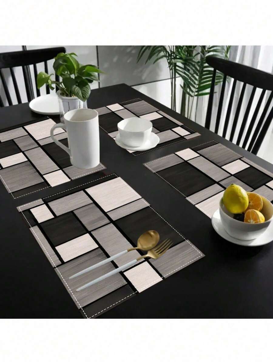 4-Pack Polyester Placemats, 12x18 Inch Rectangular Table Mats, Black Grey Geometric Plaid Pattern, Machine Washable Woven Tablemats For Dining Room, Kitchen, Holiday Party, And Cafe Decor - Nhiều màu - Xem 1