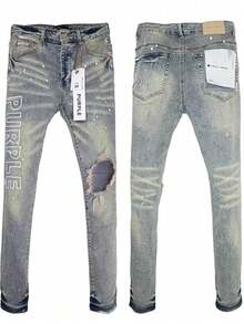 New Mens Jeans American Streetwear Brand High Street Distressed  Stretch Skinny Fit Slim Tapered Ankle Pants Fashion Denim Trousers Casual Wear - 白色 - 查看 2
