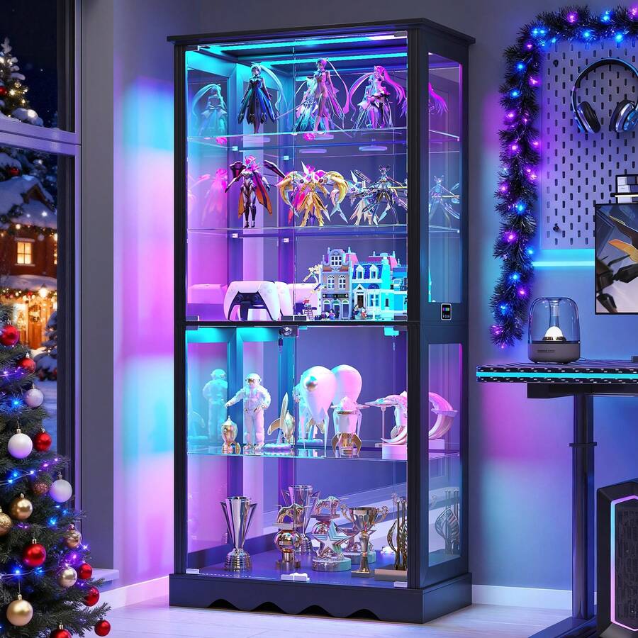 HWB Display Cabinet With Glass Doors, 71'' Tall Curio Cabinet With RGB Lights For Collectibles, LED Display Case With Removable Shelf For Book/Medal/Figure, Black - View 1