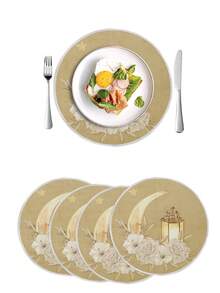 1件/4件/6件装斋月圆形涤纶餐垫，月亮烛台花卉装饰餐垫，斋月防污餐垫，适用于家庭、餐厅、餐馆，桌面装饰，家居用品