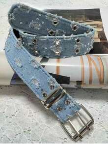 1件新款时尚奢华腰带，黑色朋克风配饰，蓝色牛仔布束腰带，Y2K星形镂空扣，男女通用 - 藍色 - 查看 8