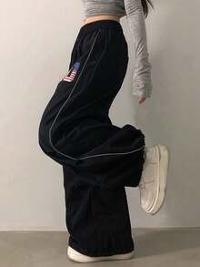 Vintage Flag Print Pleated Quick-Dry Paratrooper Pants For Women, Autumn Sports Wide Leg Jazz Dance Trousers - Black - View 2