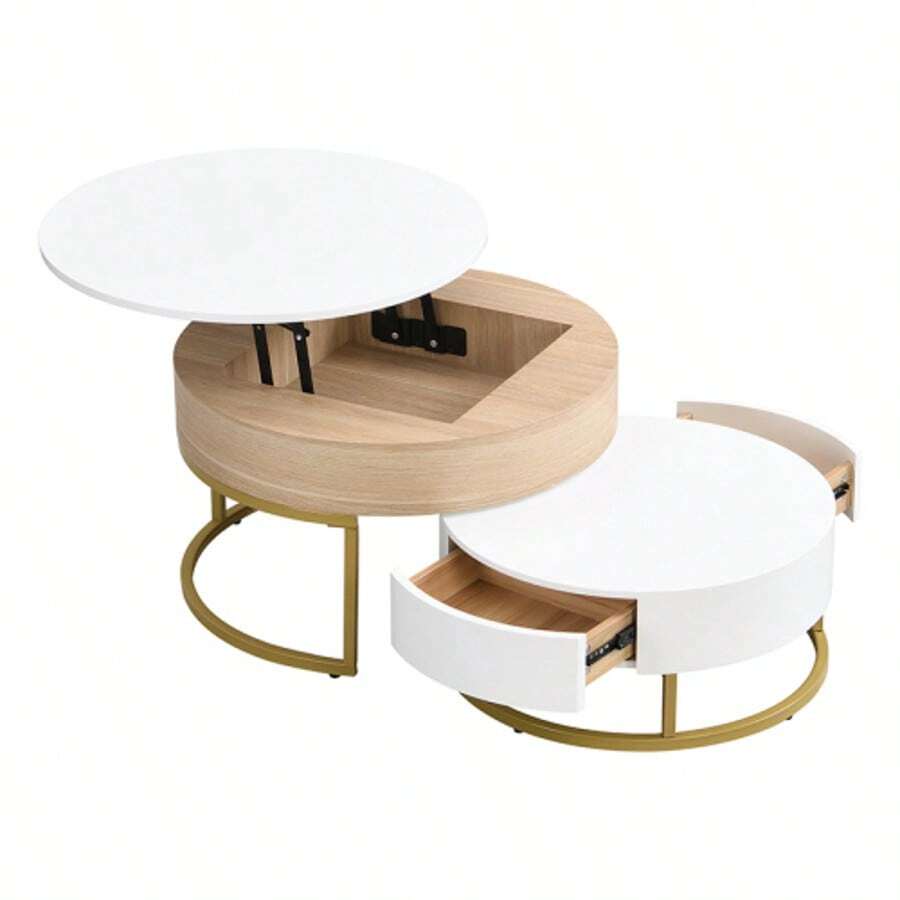 Gold Nesting Tables, A Combination Of A Folding Coffee Table And A Side Table With Two Drawers. Set Of 2 Pieces. - White - View 1
