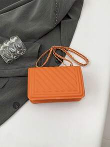 Bolso de hombro mini con estampado en relieve de unicolor PU, bolso cruzado de transporte urbano, bolso cuadrado pequeño minimalista de mujer con cadena - Naranja - Ver 8