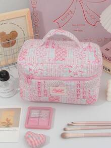 1个粉色拼接花卉蝴蝶结绗缝化妆包，大容量拉链化妆包，便携旅行度假必备，可收纳卫生巾、钥匙、手机、充电器、口红、化妆品、香水、化妆刷等，是护肤品和美容产品的理想收纳之选，适合女性、学生、女孩使用，也是节日礼物、生日礼物和送给闺蜜的绝佳选择。 - 粉色 - 查看 7