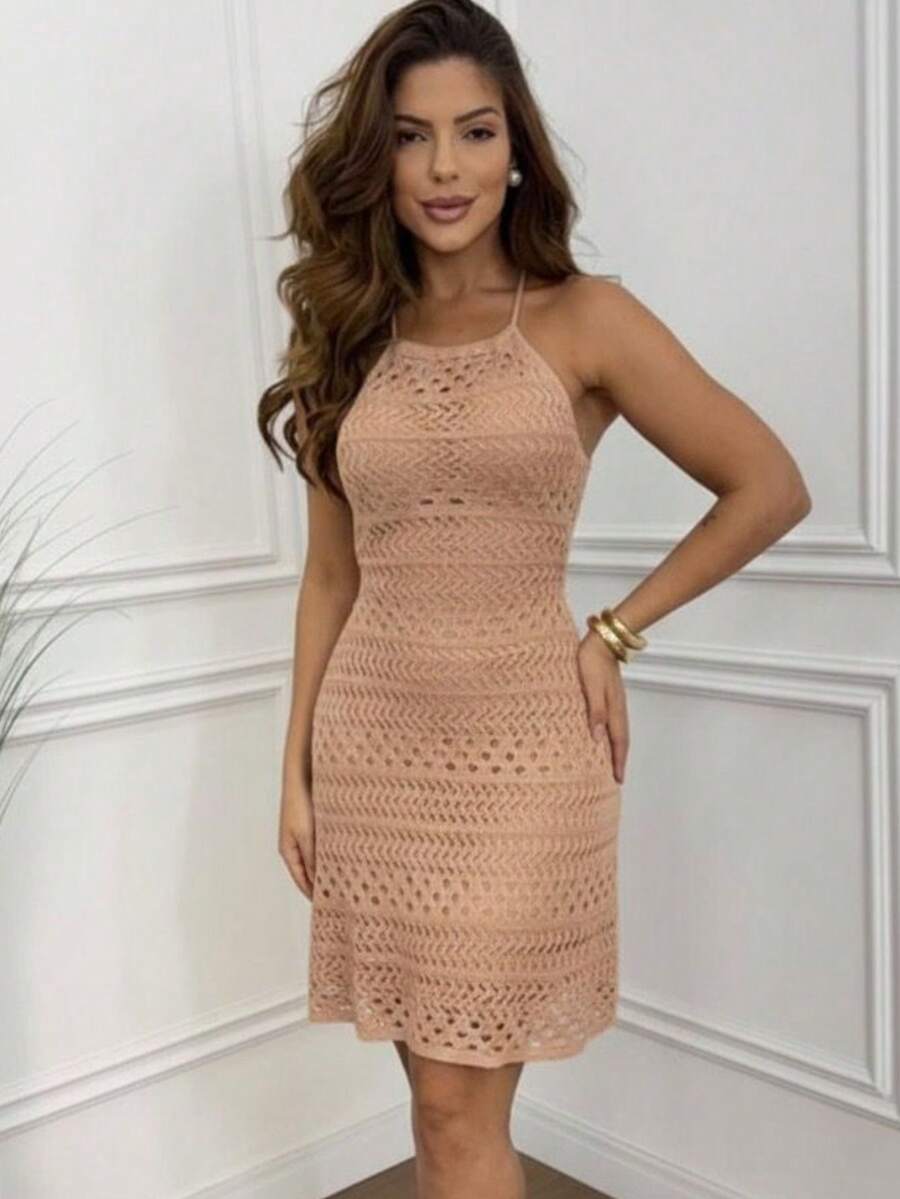 Short Knit Dress With Lace Detail And Halter Neck. - Nude - View 1