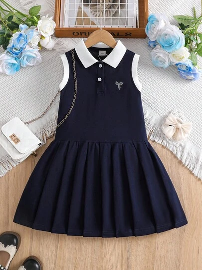 女童翻领撞色无袖连衣裙，夏季