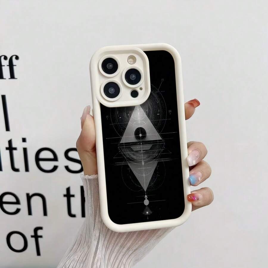 Cubierta de telefono para iPhone con borde negro y diseño geométrico blanco con triángulo y círculos abstractos para uso diario y estilo moderno - Blanco - Ver 1