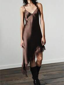 Women Lace Satin Cami Dress Y2k Spaghetti Strap V Neck Silk Midi Dress Asymmetrical Hem Slip Dresses For Party Club - màu nâu - Xem 1