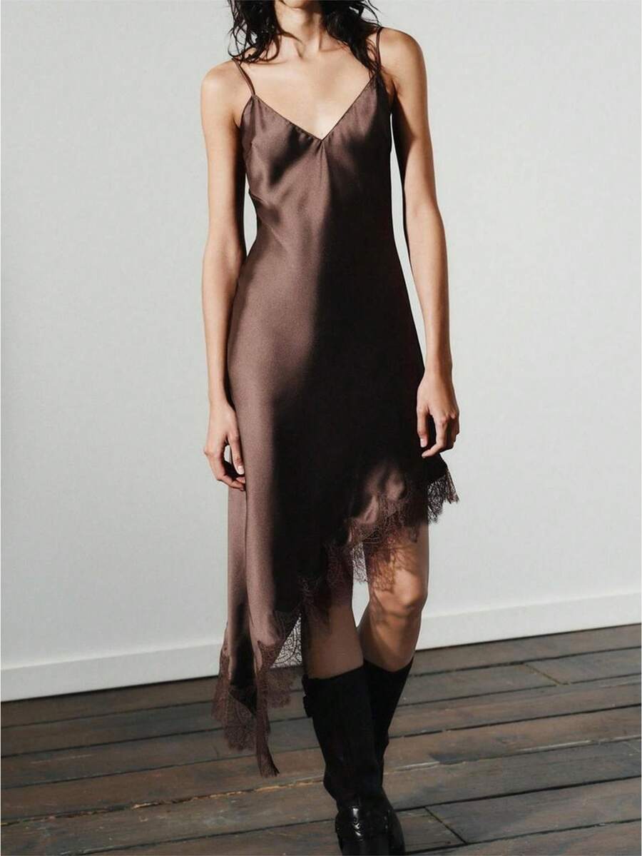 Women Lace Satin Cami Dress Y2k Spaghetti Strap V Neck Silk Midi Dress Asymmetrical Hem Slip Dresses For Party Club - màu nâu - Xem 1