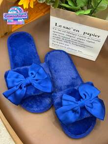 Dép bông satin thắt nơ cho nữ, dép đi trong nhà hở mũi mềm mại, dép đi trong nhà chống trượt bằng mút hoạt tính, màu xanh hoàng gia, dép bông trang trí nơ thanh lịch, dép đi trong nhà và spa hở mũi mềm mại màu xanh hoàng gia, dép bông ấm áp mềm mại, dép đi trong nhà mùa đông thời trang với nơ lớn. - Màu xanh lam - Xem 2