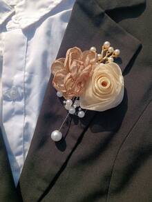1pc Chest Flower + 1pc Wrist Flower Unisex Rose Flower Print Vintage Elegant Boutonniere & Corsage Set, Champagne Color Camellia Decoration, Suitable For Wedding, Prom, Party, Daily Wear Valentine's Day Accessories - Multicolor - View 11