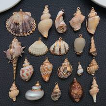 2个贝壳吊坠，散装贝壳吊坠，大号镀金天然白色海螺贝壳，海洋沙滩吊坠，用于珠宝制作，女士DIY项链耳环工艺品