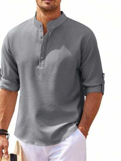 Camisa de manga larga con cuello henley para hombres, con botones delanteros, de tela ligera de poliéster, con diseños a rayas y de cuadros, casual y cómoda, de tela suave, para uso diario, de moda y transpirable para el verano y vacaciones en la playa, con mangas enrolladas, moda masculina, ropa casual para exteriores, corte clásico, versátil y ligera, prenda superior de uso diario para hombres
