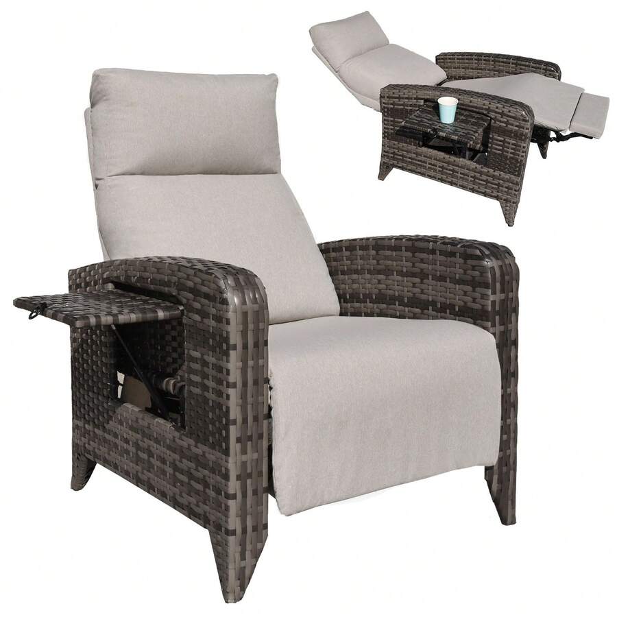 ZZW Outdoor Recliner Wicker Rattan Chair With Footrest Adjustable Back Reclining Patio Lounge Chairs With Removable Cushion & Flip-Up Table