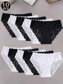 10条/包 优雅蕾丝女士内裤，女士纯色蕾丝三角裤性感内衣 - 彩色 - 查看 4