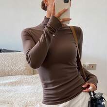 Livesso 女士高领打底衫，秋冬长袖上衣 - 咖啡棕 - 查看 6
