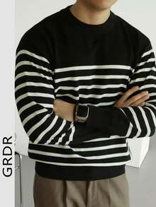 GRDR Men's Classic Shoulder Striped Long Sleeve Sweater, Versatile Knit Pullover For Daily Wear - Black - View 1
