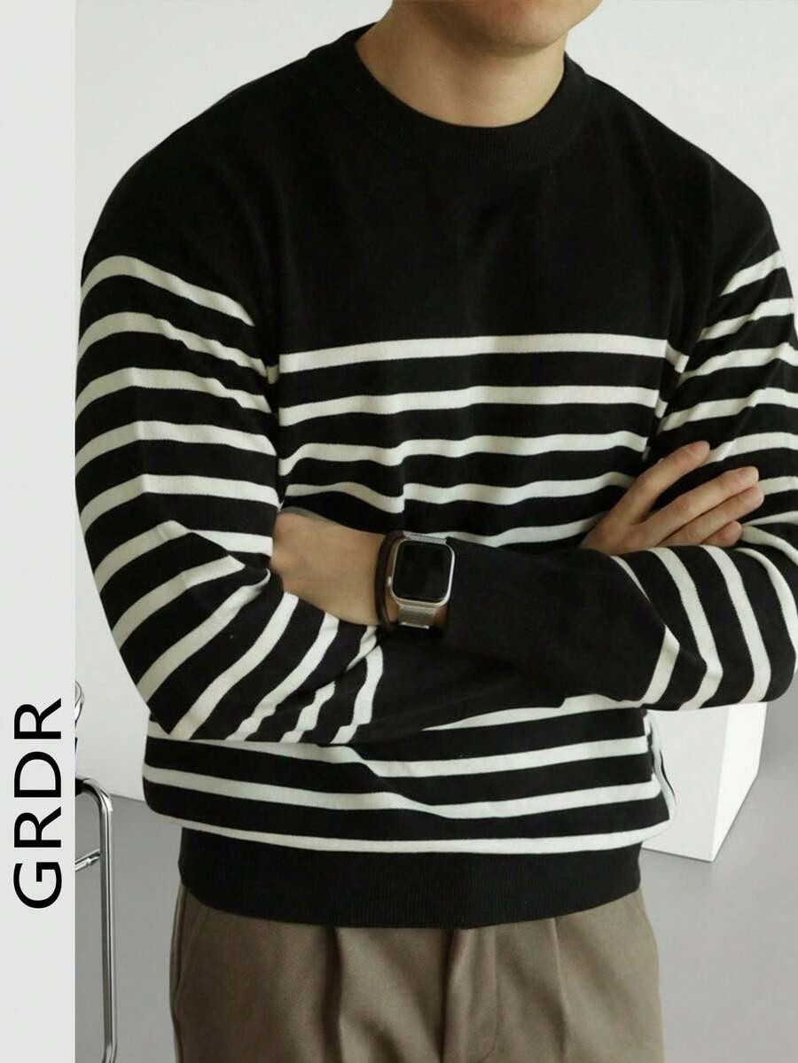 GRDR Men's Classic Shoulder Striped Long Sleeve Sweater, Versatile Knit Pullover For Daily Wear - Black - View 1