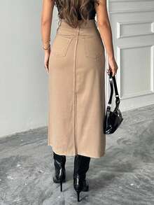 纯色高开叉修身优雅时尚半身裙 - 駝色 - 查看 3