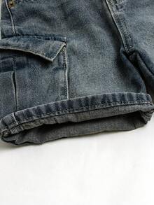 Vintage tvättade jeansshorts för små pojkar, avslappnad passform med flera fickor, bekväma non-stretch-shorts för fritidsbruk
