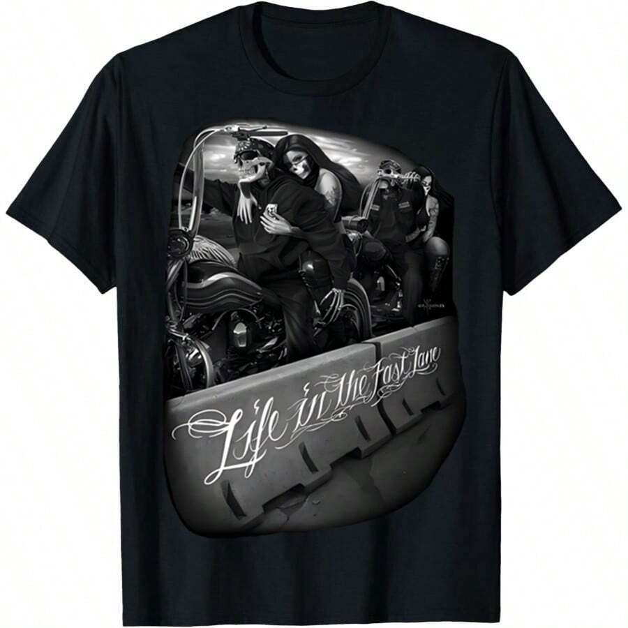DGA David Gonzales Art Ride Or Die Fast Lane Motorcycles Bikers Skulls T Shirt - 黑色 - 查看 1