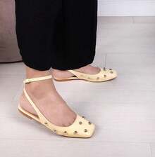 Sapatilha feminina confortável slingback bico quadrado amarelo manteiga com esferas