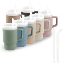 9oz Dual Straw Design Silicone Baby Learning Cup With Handle, 2 Anti-Leak Straws, Portable And Easy To Clean Toddler Water Bottle - Color Blocking - View 1