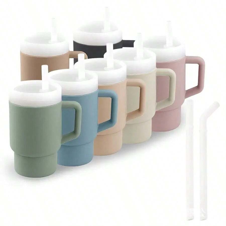 9oz Dual Straw Design Silicone Baby Learning Cup With Handle, 2 Anti-Leak Straws, Portable And Easy To Clean Toddler Water Bottle - Color Blocking - View 1