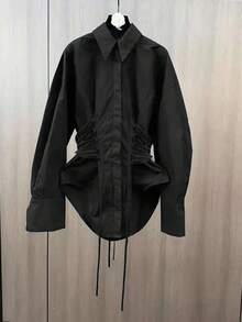 Women's Elegant Fitted Shirt, Fashionable Waist Bandage Design Ladies Shirt, Niche Black Long Sleeve Top With Adjustable Drawstring, Spring/Summer - Black - View 7