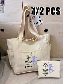 大容量舞蹈印花手提包，黑色化妆包 - 醒目的“DANCE”字母，拉链封口，宽敞的内部空间 - 耐用涤纶单肩包，适合舞蹈练习，可爱复古简约字母印花包，多功能购物手提包，演出、工作、旅行 - 黑色/可水洗 - 专业又不失日常时尚感的手提包 - 彩色 - 查看 15