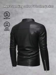 男士时尚英伦风皮夹克，复古立领休闲摩托车皮夹克，男友圣诞礼物，送给他的礼物 - 黑色 - 查看 3