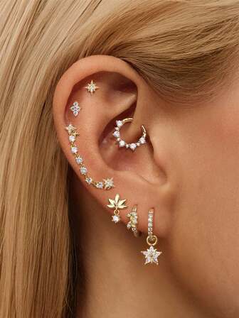 EleRunis 1PC /2PCS 925 Sterling Silver Flower Star Flat Back Cartilage Helix Threaded Piercing Hoop Earring Fine Jewelry For Daily Wear Wedding Party Engagement Anniversary Valentine's Day