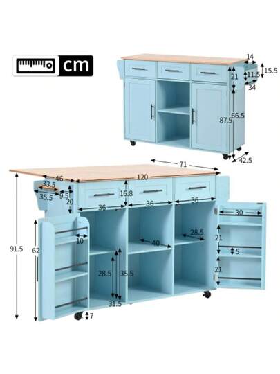 139x46(71)X91.5 Cm Large Esswagen/Anrichte, Korpus Blau Arbeitsplatte In Massivholzmaserung, Klappbare Arbeitsplatte, Ablagetür, Rollen, Auswechselbare Massivholzfüße, Geeignet Für Esszimmer, Küche view 2