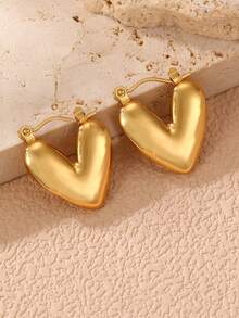 1/3对 时尚不锈钢金属粗款复古硬币耳环，女士日常/节日/派对配饰 - 金色 - 查看 3