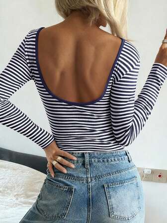 Vaiaye Women's Sexy Backless Striped Knit Long Sleeve Top, Fitted Silhouette, Suitable For Christmas, New Year, Thanksgiving