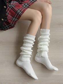半双装女士纯白竖条纹针织腿套，保暖舒适，经典日系风格，百搭实用，适合秋冬季节穿着 - 白色 - 查看 7