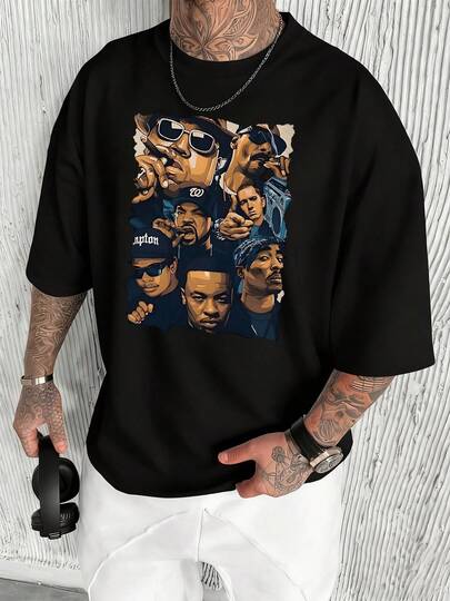 Representación de iconos del hip hop como Snoop Dogg Ice Cube   Dr Dre y Eazy E figuras legendarias con detalles y sombras únicas que capturan su esencia icónica camiseta de hombre 100% algodón moda urbana con estilo cool y actitud para verdaderos fanáticos del rap y la cultura hip hop