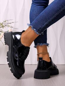 Giày lười đế dày cho bé gái, giày đế bằng PU, giày da thời trang đa năng cho học sinh - màu đen - Xem 5