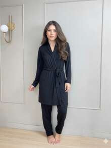 Women's Pajama Set With Robe In Comfortable, Casual, And Elegant Suede Knit - 黑色 - 查看 4
