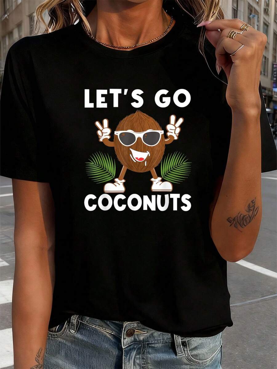 Lass uns los Kokosnüsse Lustiges Obst Sommer Kokosnuss Kostüm T-Shirt Damen T-Shirt Grafik T-Shirts Crop Tops Outfits Tops T-Shirt - Schwarz - Übersicht 1