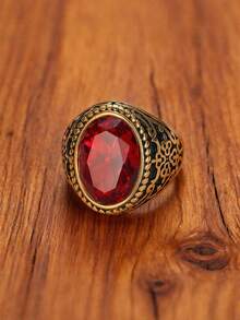 1枚18K镀金奢华复古红色立方氧化锆简约男童戒指，不锈钢首饰，送给好朋友的生日礼物，派对饰品 - 紅色 - 查看 10