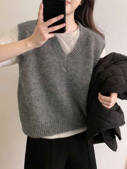 女士秋冬简约V领套头毛衣背心