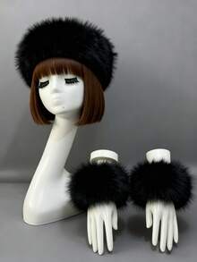 2pcs Set Solid Color Acrylic Fuzzy Beanie Hat And Cuffs, Fluffy Trim, Warm For Autumn Winter Christmas Winter Accessories Winter Outfits Valentines Gift - A - View 5