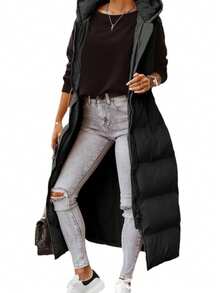 Women's Long Quilted Vest Hooded Maxi Length Sleeveless Puffer Vest Padded Coat Winter Outerwear - màu đen - Xem 2