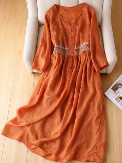 复古刺绣 A 字裙，Hobo 艺术圆领 3/4 袖刺绣休闲日常中长裙，V 领